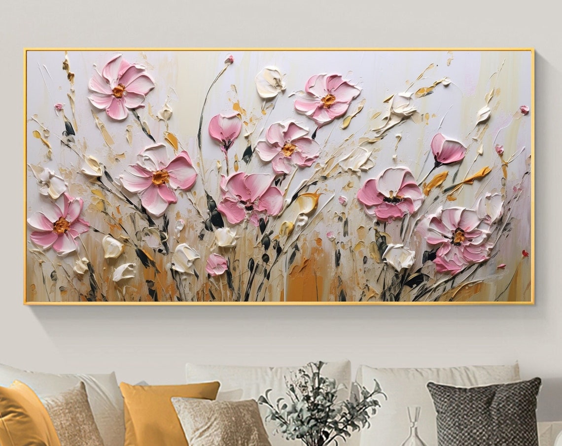 Delicate Pink Cosmos Flowers White Cream Impasto Floral Poster