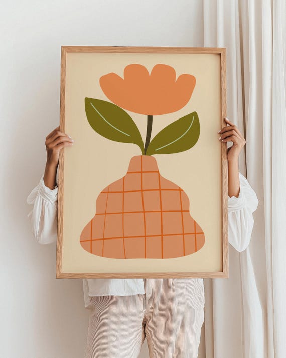 Flower Vase Poster Modern Trendy 60s Retro Floral Wall Art Print Peach Orange Pastel Home Decor For Airbnb