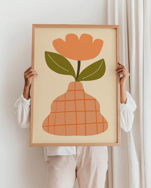 Peach Flower in Checkered Vase Retro Floral Soft Pastel Poster