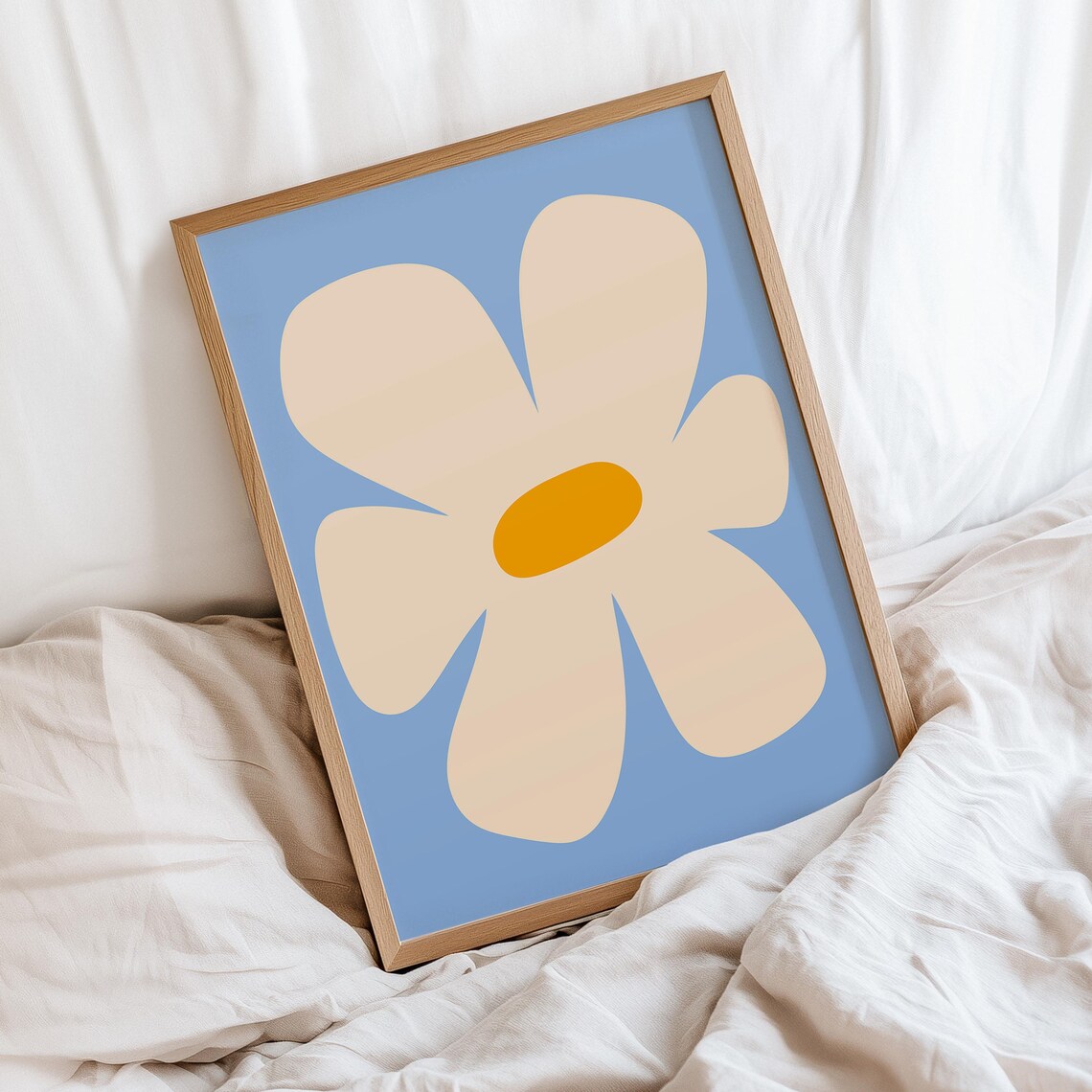 Large Cream Daisy Flower Light Blue Retro Botanical Wall Art