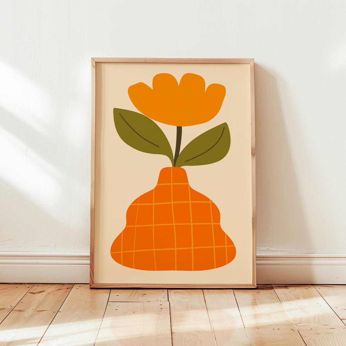 Retro Orange Flower in Checkered Vase Mid Century Floral Poster