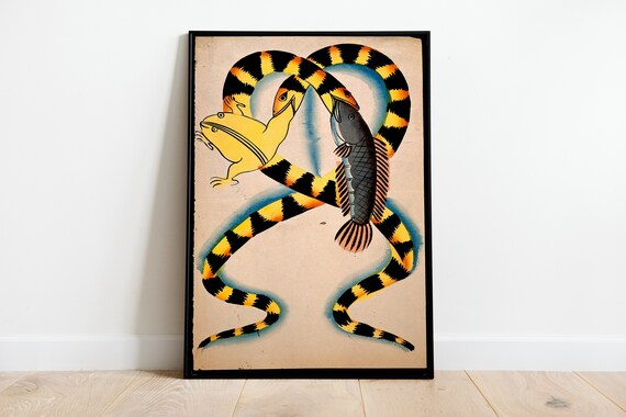Japanese Watersnakes Swallowing Frog And Fish Vintage Folk Poster