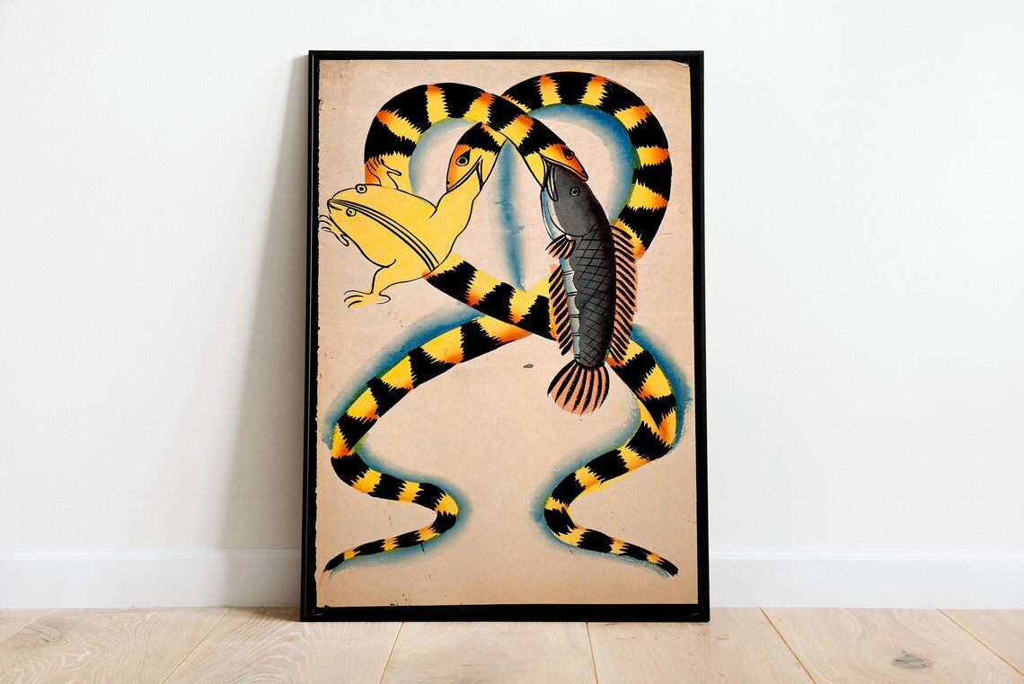 Japanese Watersnakes Swallowing Frog And Fish Vintage Folk Poster