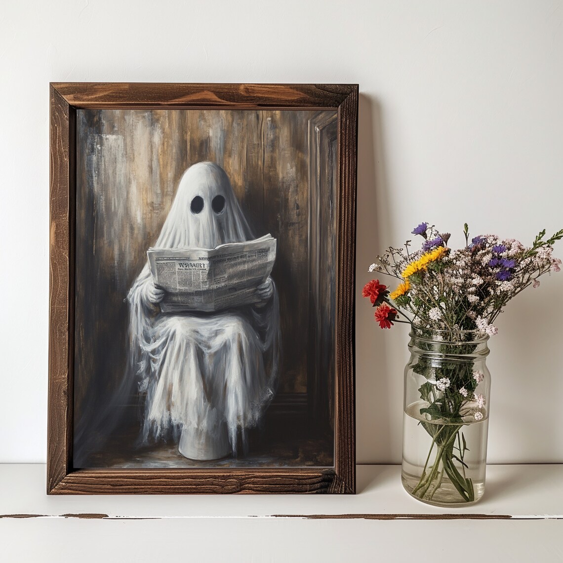Sheeted Ghost Reading a Newspaper on the Toilet in a Dark Bathroom Poster - Image 4