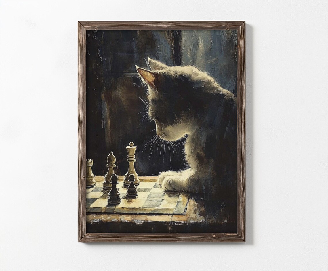 Pensive Cat Playing Chess Classic Oil Painting Style Feline Poster - Image 3