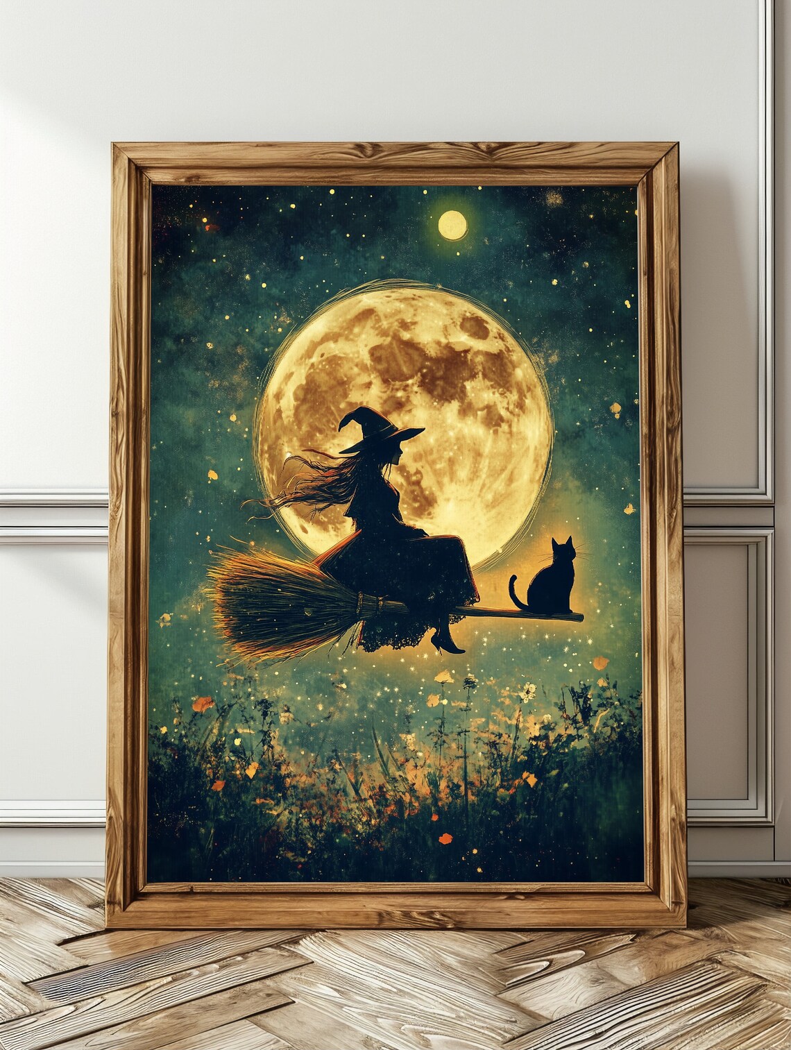 Witch And Black Cat Flying On Broom Past Full Moon Halloween Poster - Image 3