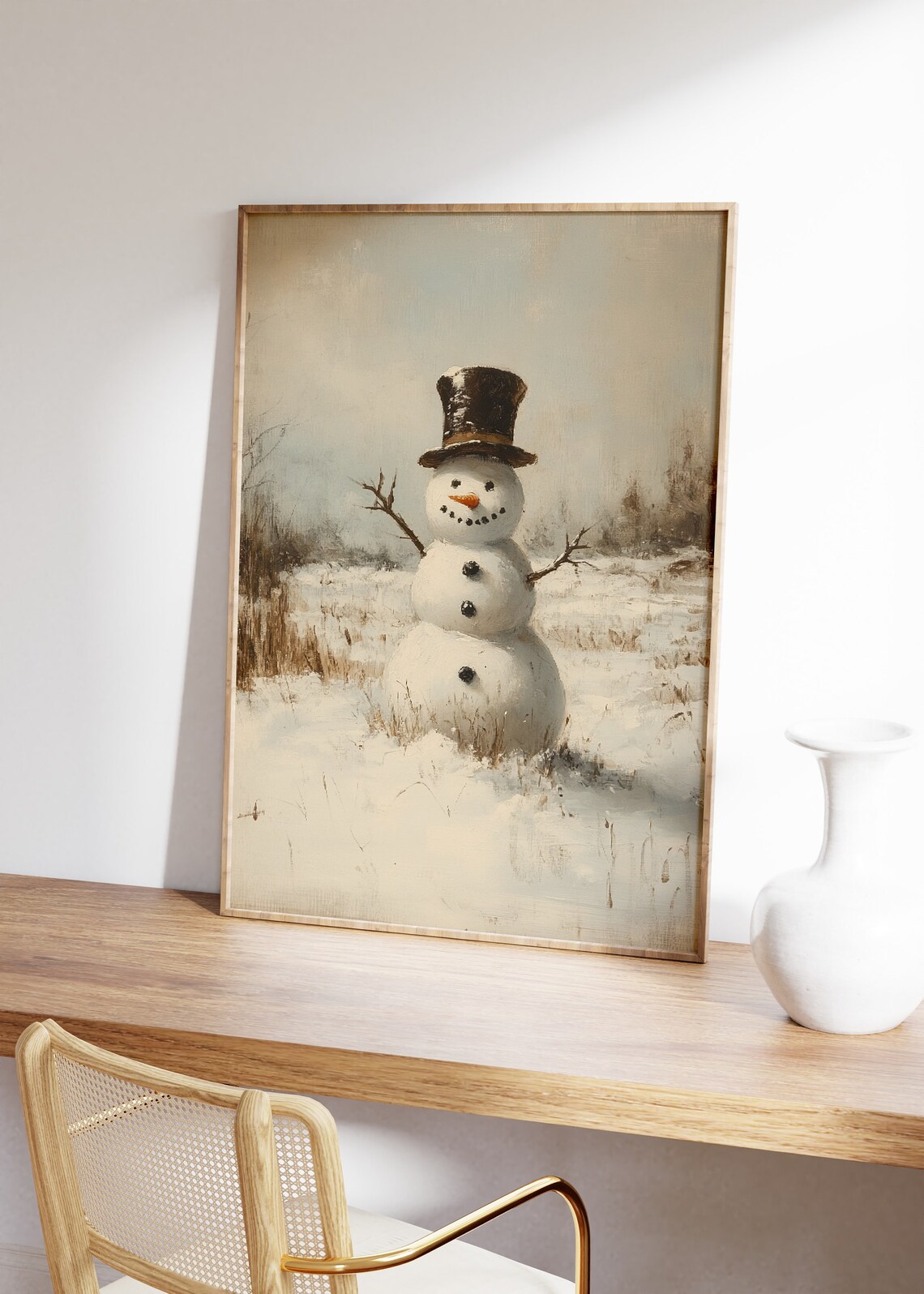 Vintage Snowman Winter Landscape, Rustic Art Print - Image 2