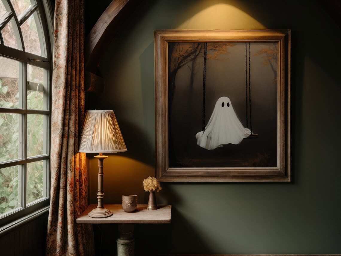 Cute Ghost Sitting On Swing Misty Forest Halloween Art Poster - Image 2