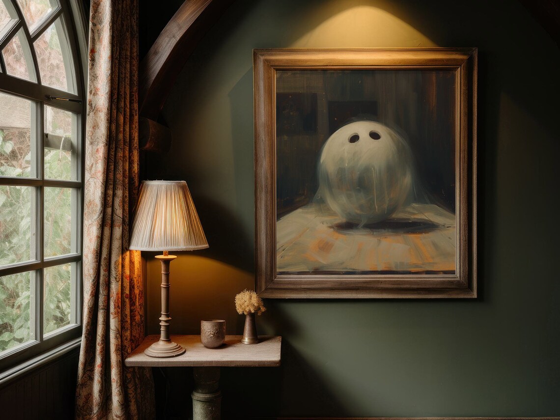 Ghost Shaped Like Bowling Ball Oil Painting Halloween Art Poster - Image 2