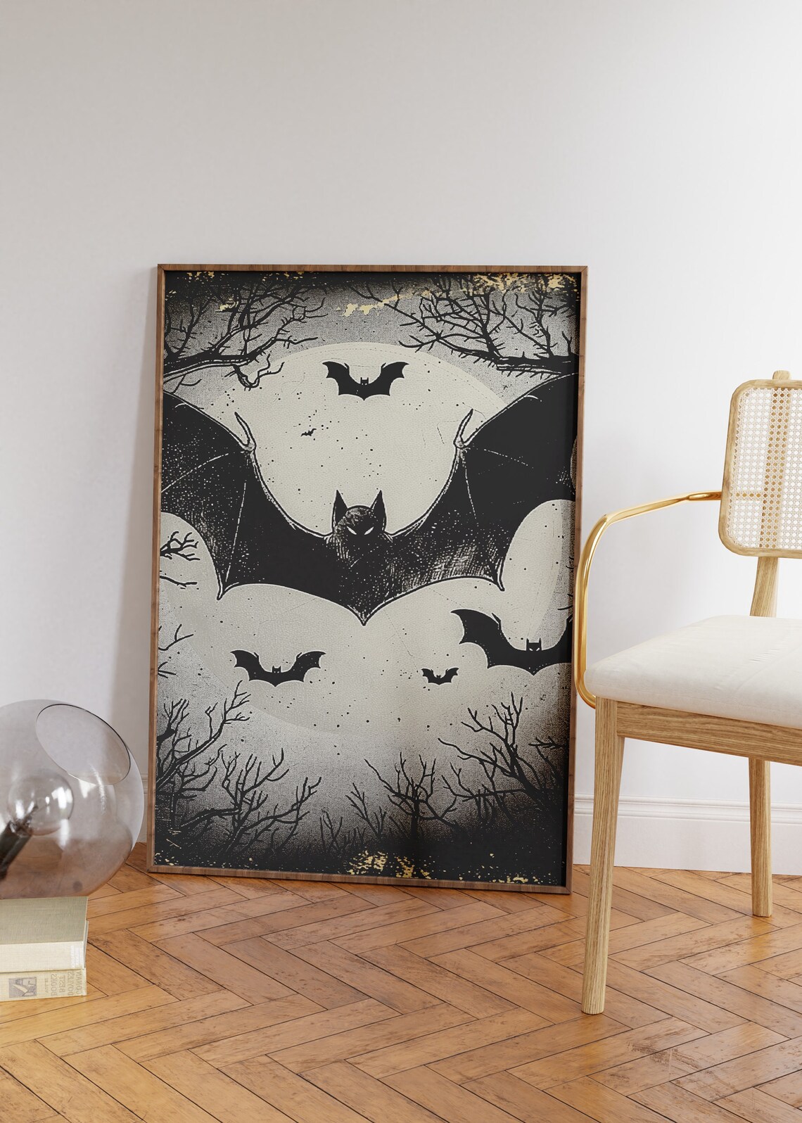 Giant Bat Over Full Moon Vintage Engraving Style Spooky Poster - Image 3