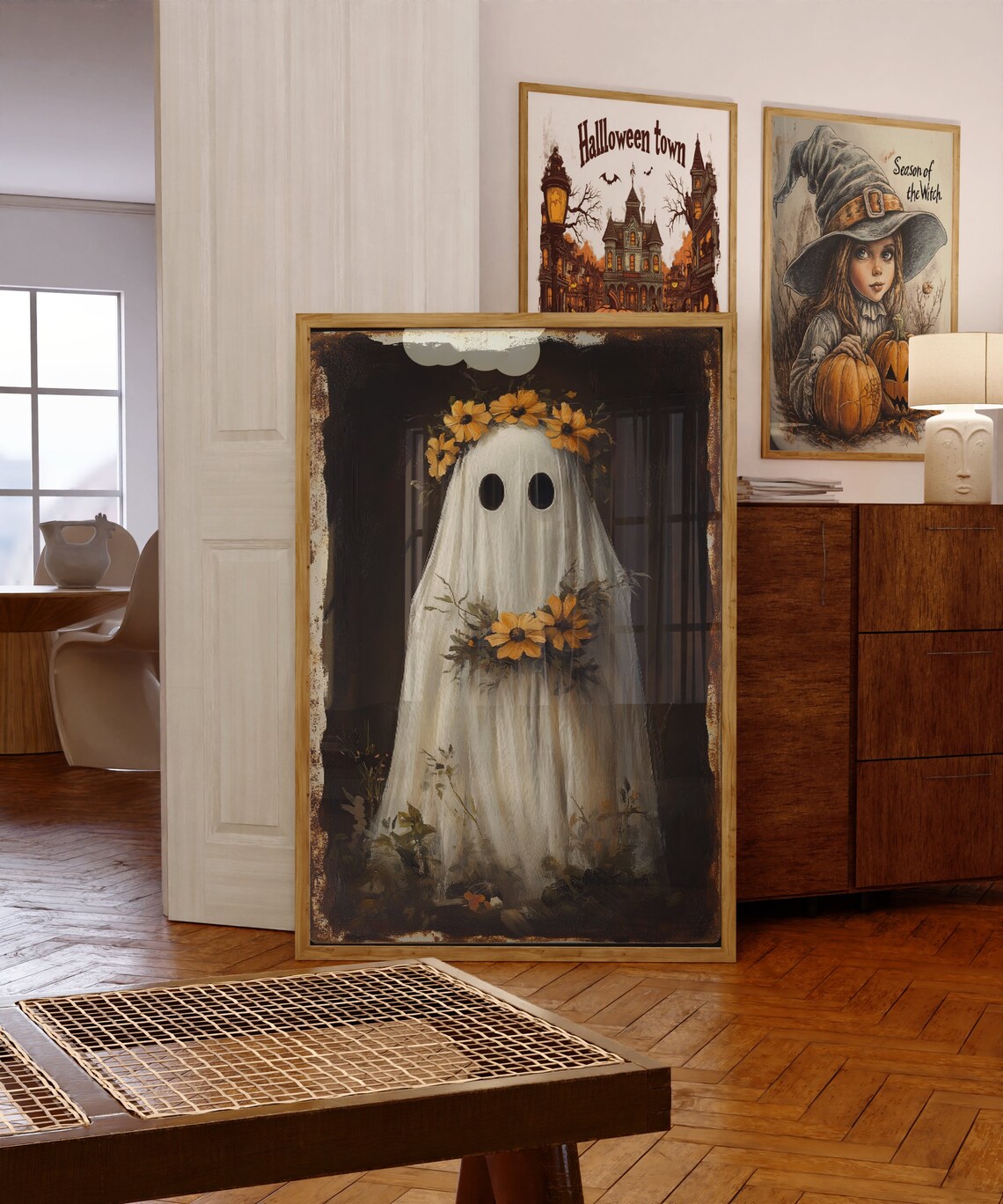 Ghost With Yellow Flower Wreath, Halloween Poster - Image 2