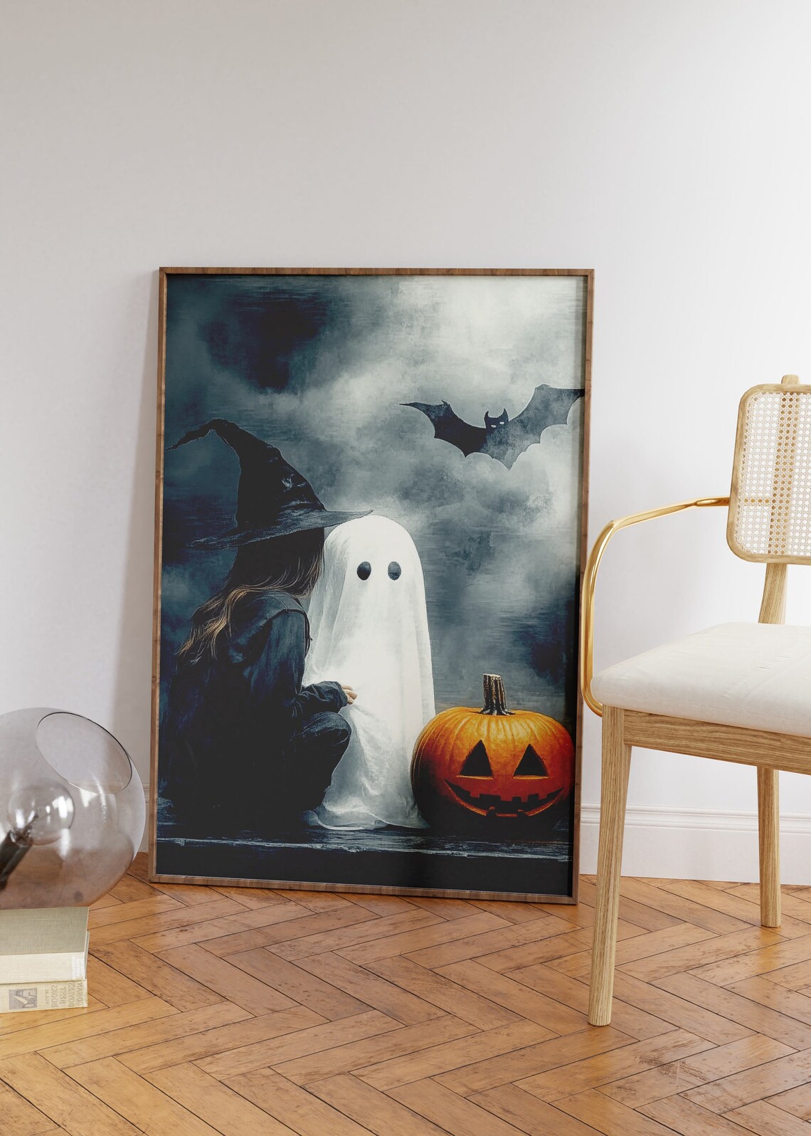 Witch Girl Hugging Ghost With Pumpkin And Bat Halloween Art Poster - Image 2