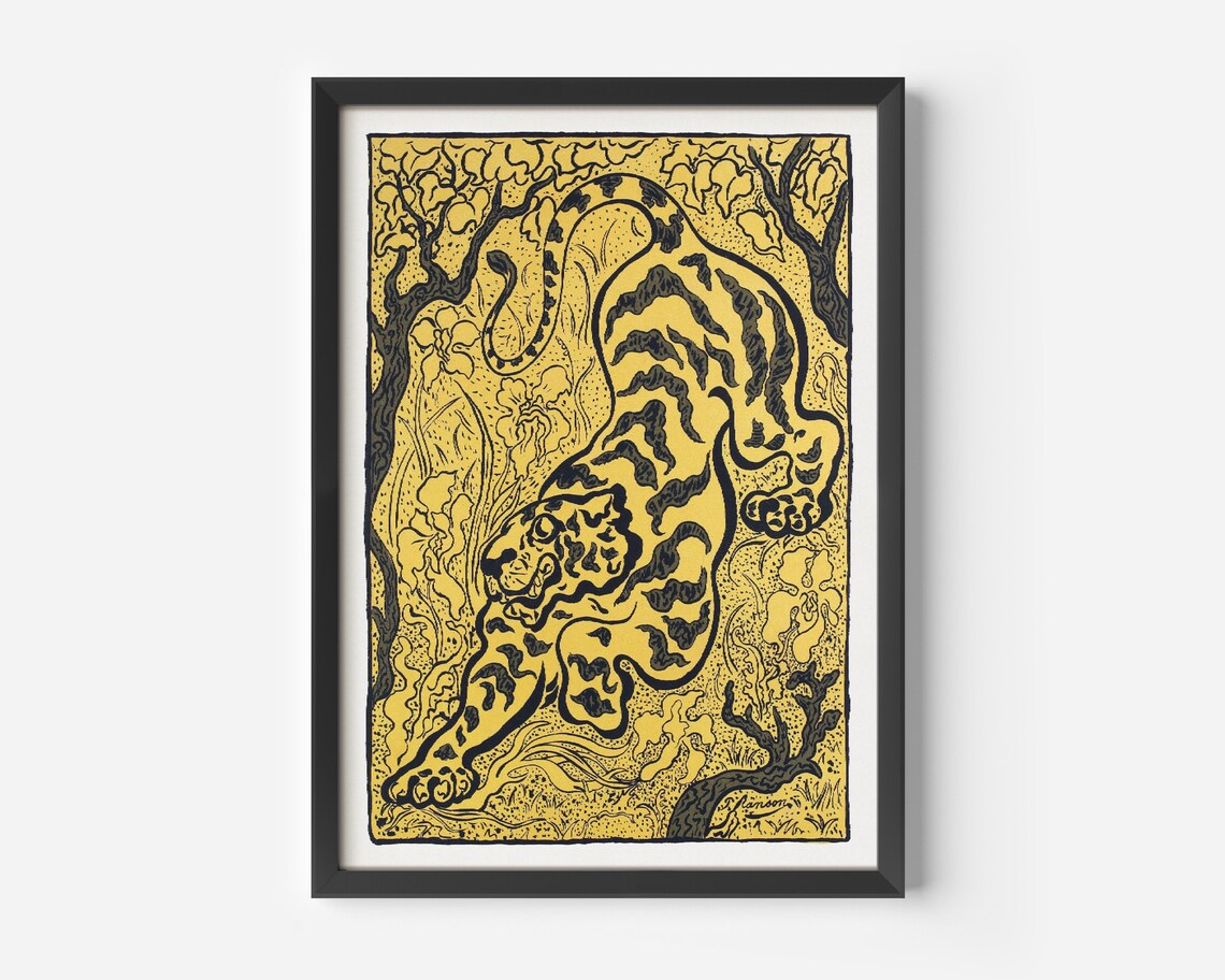 Yellow Tiger in Black Ink Woodcut Style Vintage Wildlife Poster