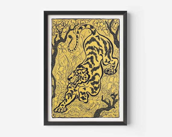 Yellow Tiger in Black Ink Woodcut Style Vintage Wildlife Poster
