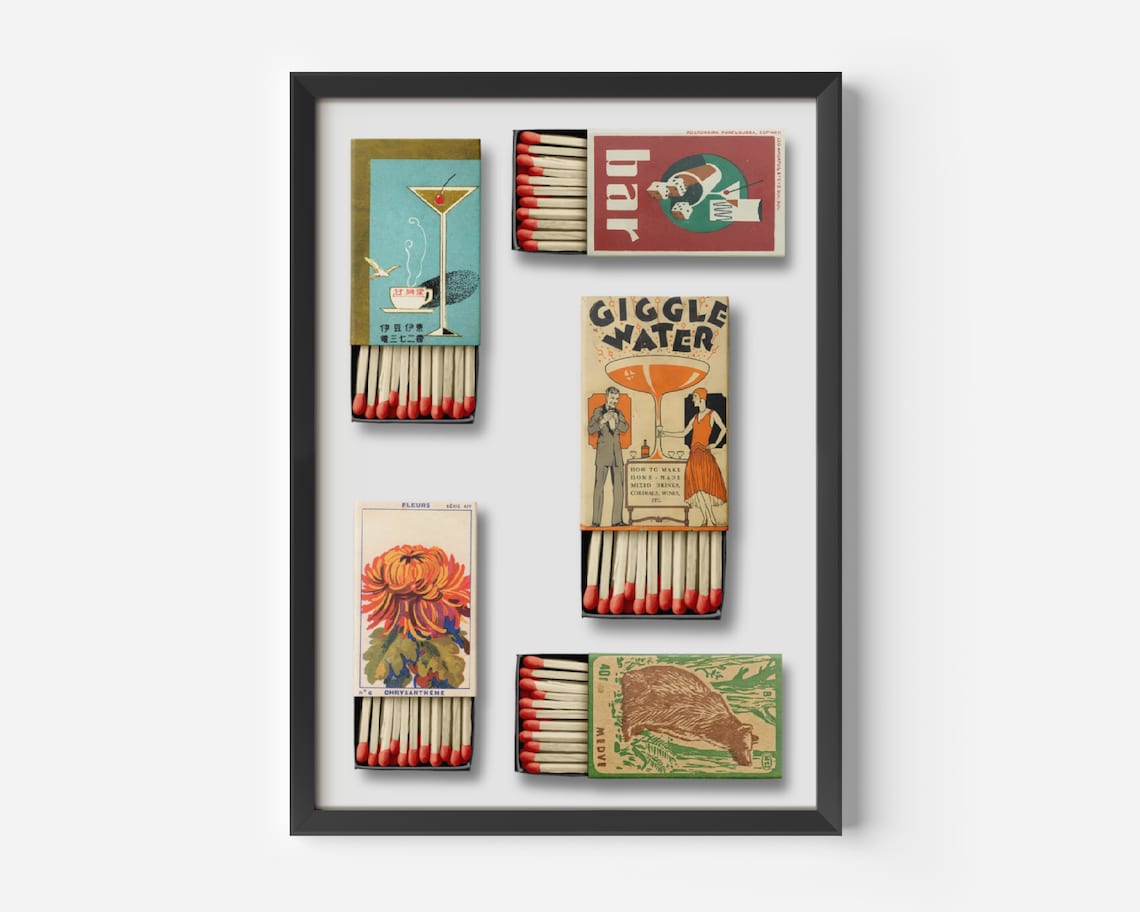 Vintage Matchbox Collage, Japanese Retro Poster