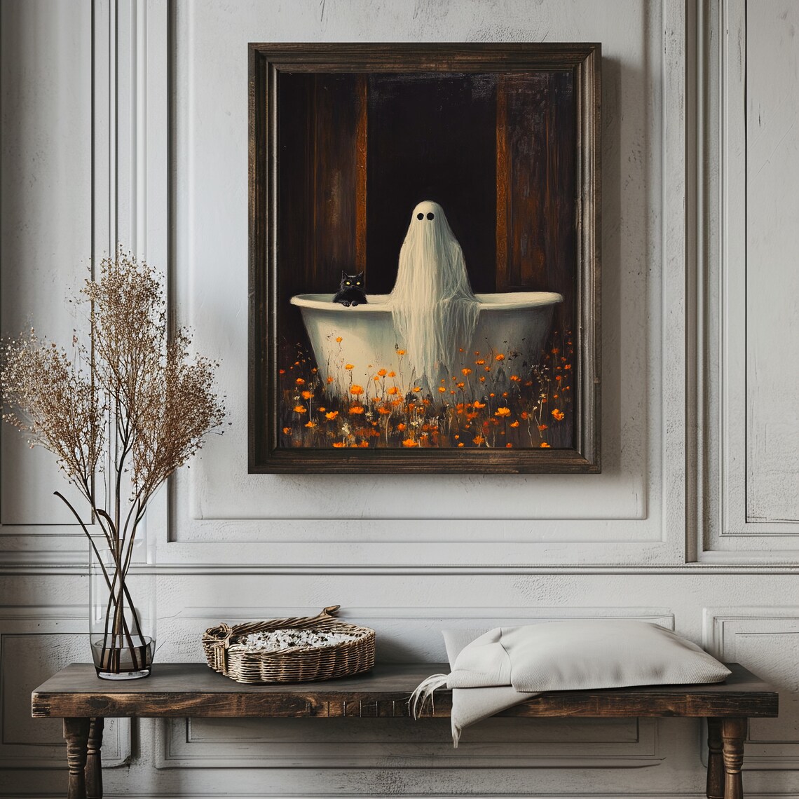 Ghost And Black Cat Taking Bath In Wildflowers Poster, Halloween Art - Image 2