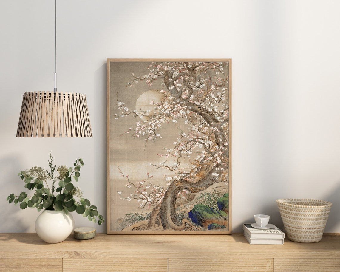 Japanese Plum Blossoms in Moonlight, Vintage Art Print - Image 3