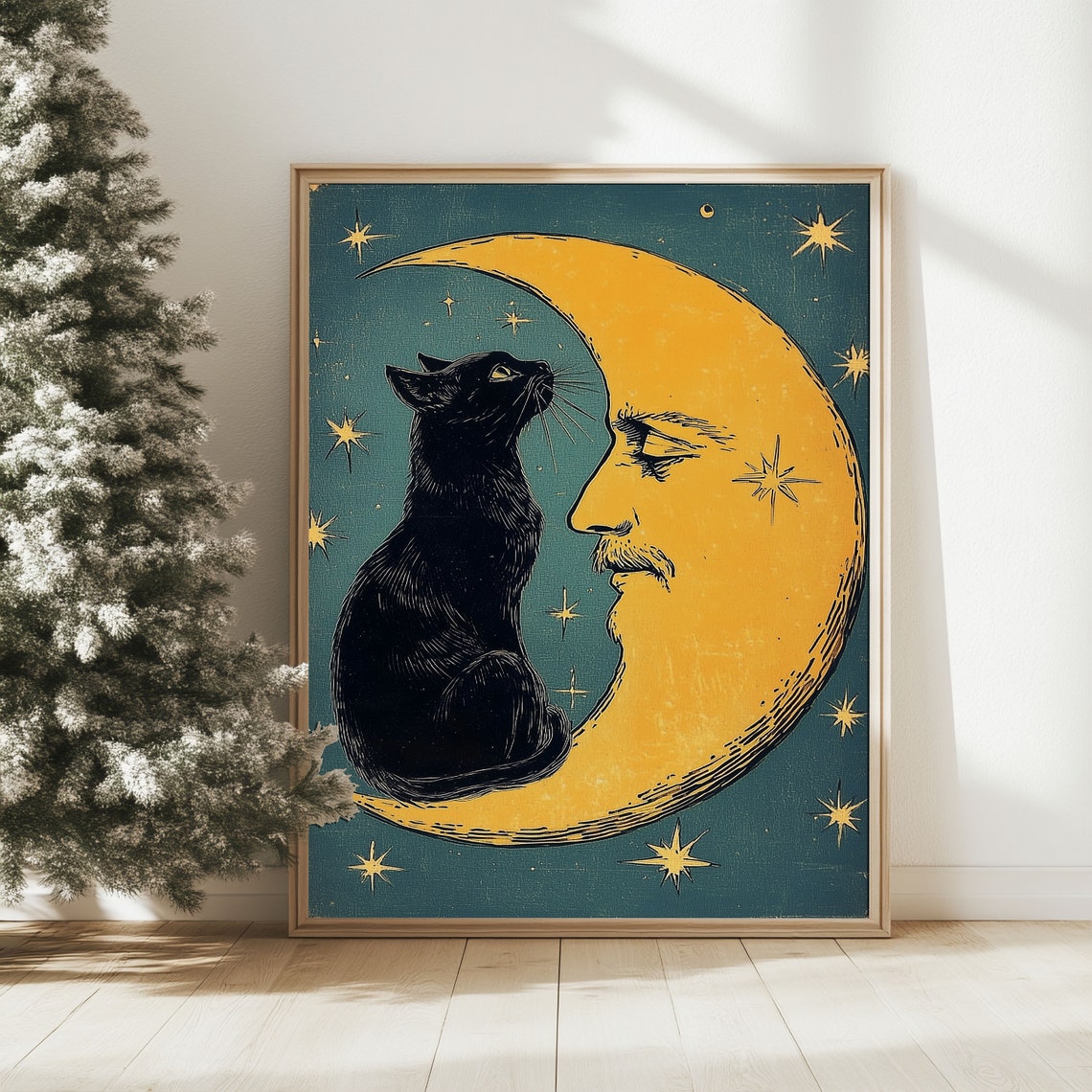 Christmas Cat and Moon Vintage Art Deco Poster Print - Image 2