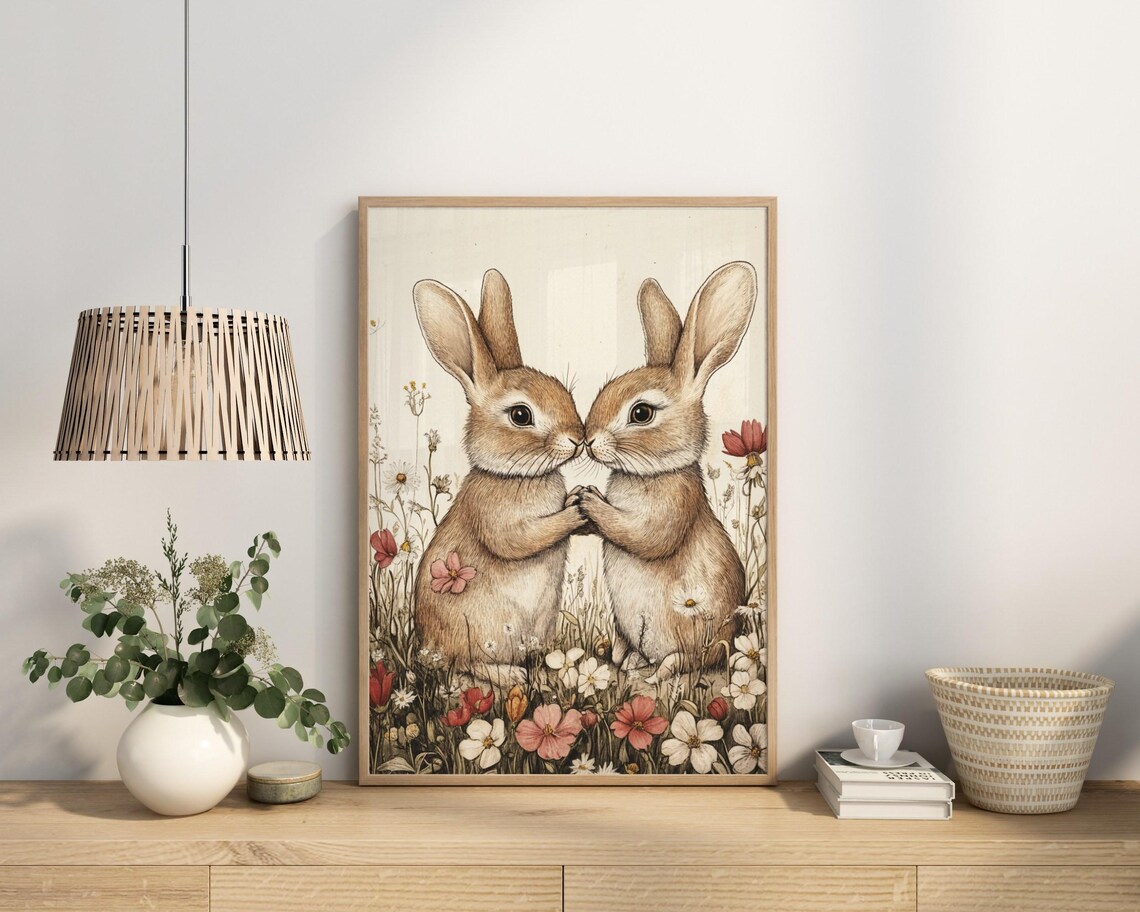 Two Easter Bunnies, Vintage Botanical Easter Print - Image 3