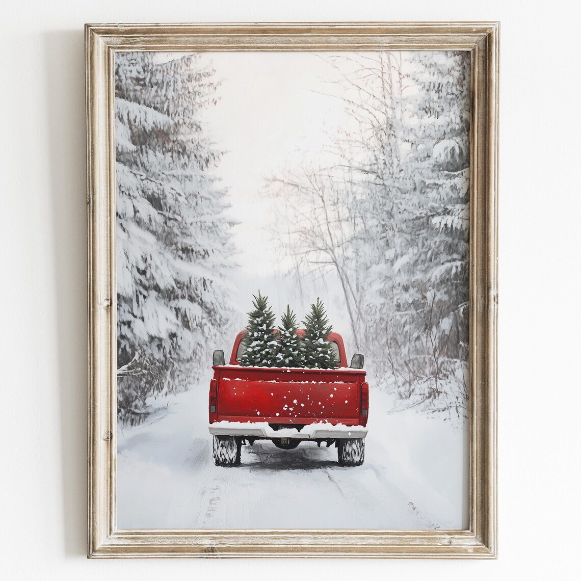 Red Vintage Pickup Truck Carrying Christmas Trees Snowy Road Poster