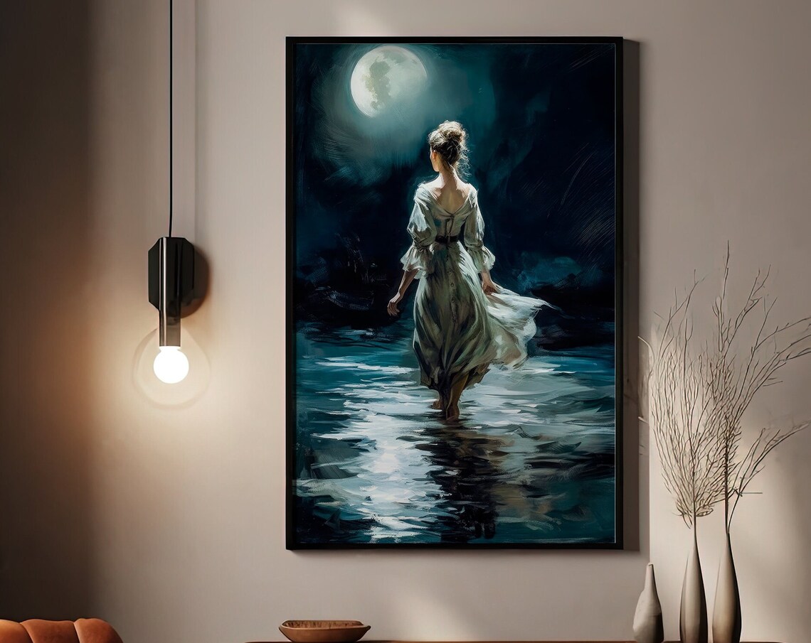 Moonlit Woman in White Dress Walking Dark Water Painting Print