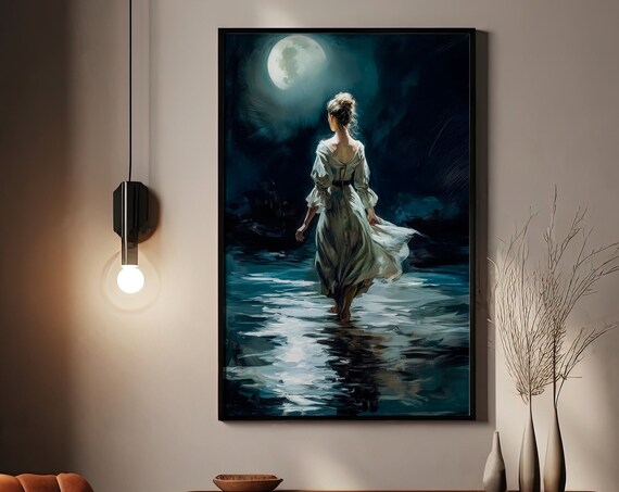 Moonlit Woman in White Dress Walking Dark Water Painting Print