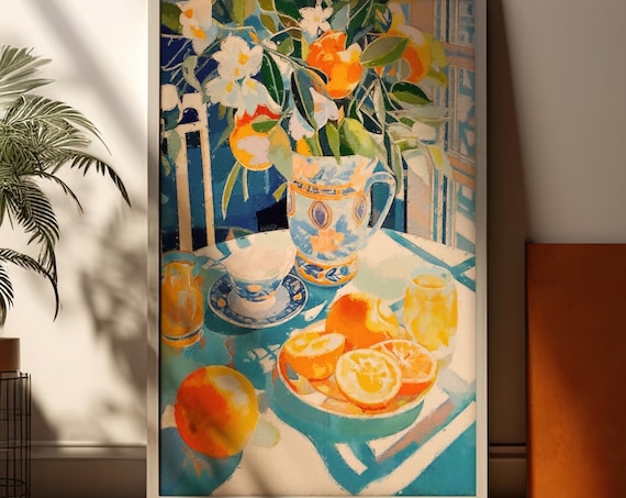 Sliced Oranges and Blossom Branch in a Patterned Jug Still Life Poster