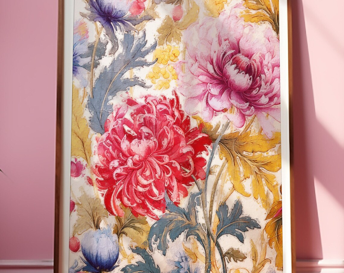 Chrysanthemum Blossoms Art Nouveau Style Floral Wall Art Piece