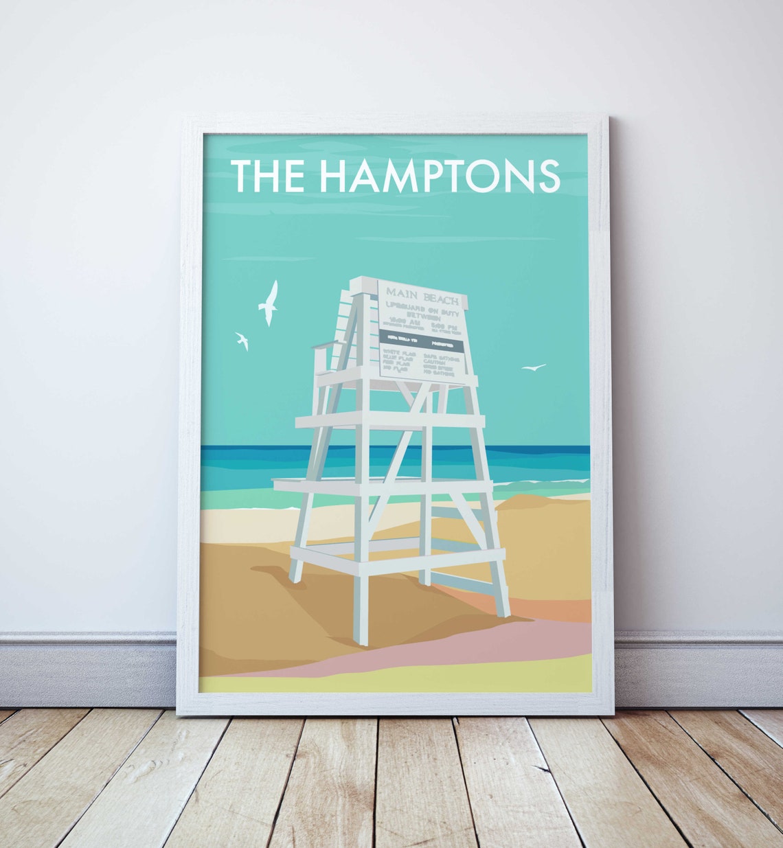 Vintage The Hamptons White Lifeguard Tower Seaside Travel Poster