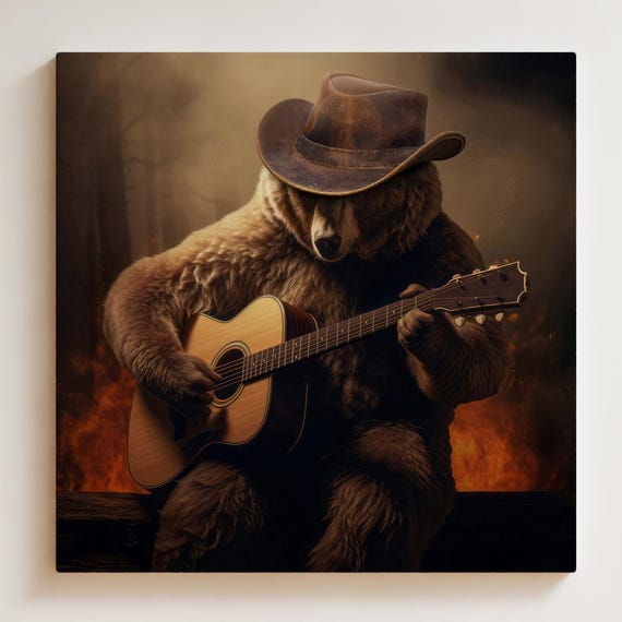 Grizzly Bear Playing Guitar, Western Music Poster