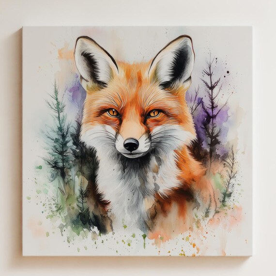 Fox Watercolor Poster, Forest Animal Modern Chalet