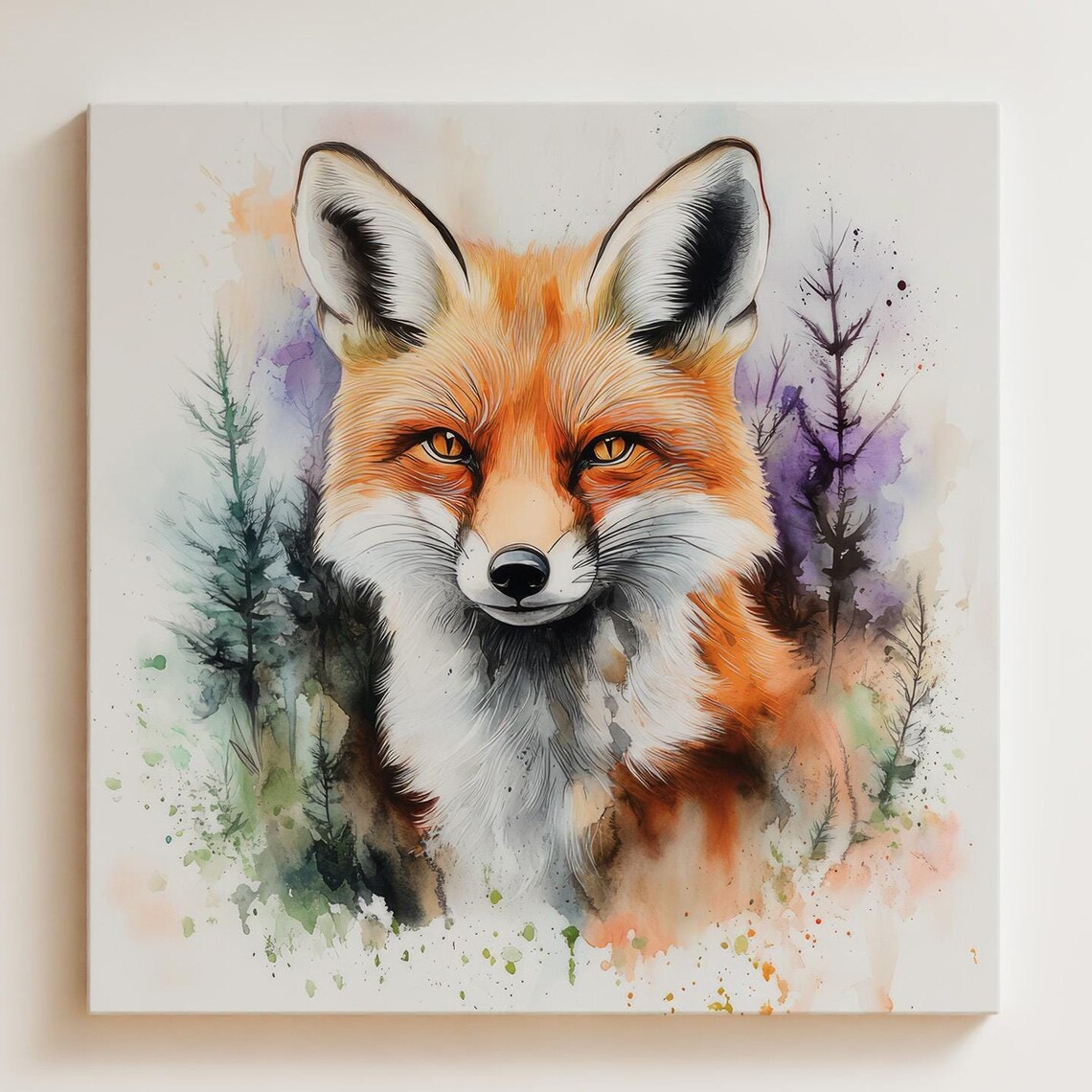 Fox Watercolor Poster, Forest Animal Modern Chalet