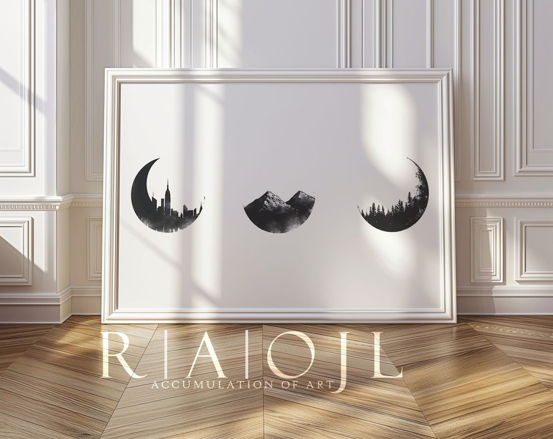 Horizontal Monochrome Moon Phases Celestial Silhouette Poster