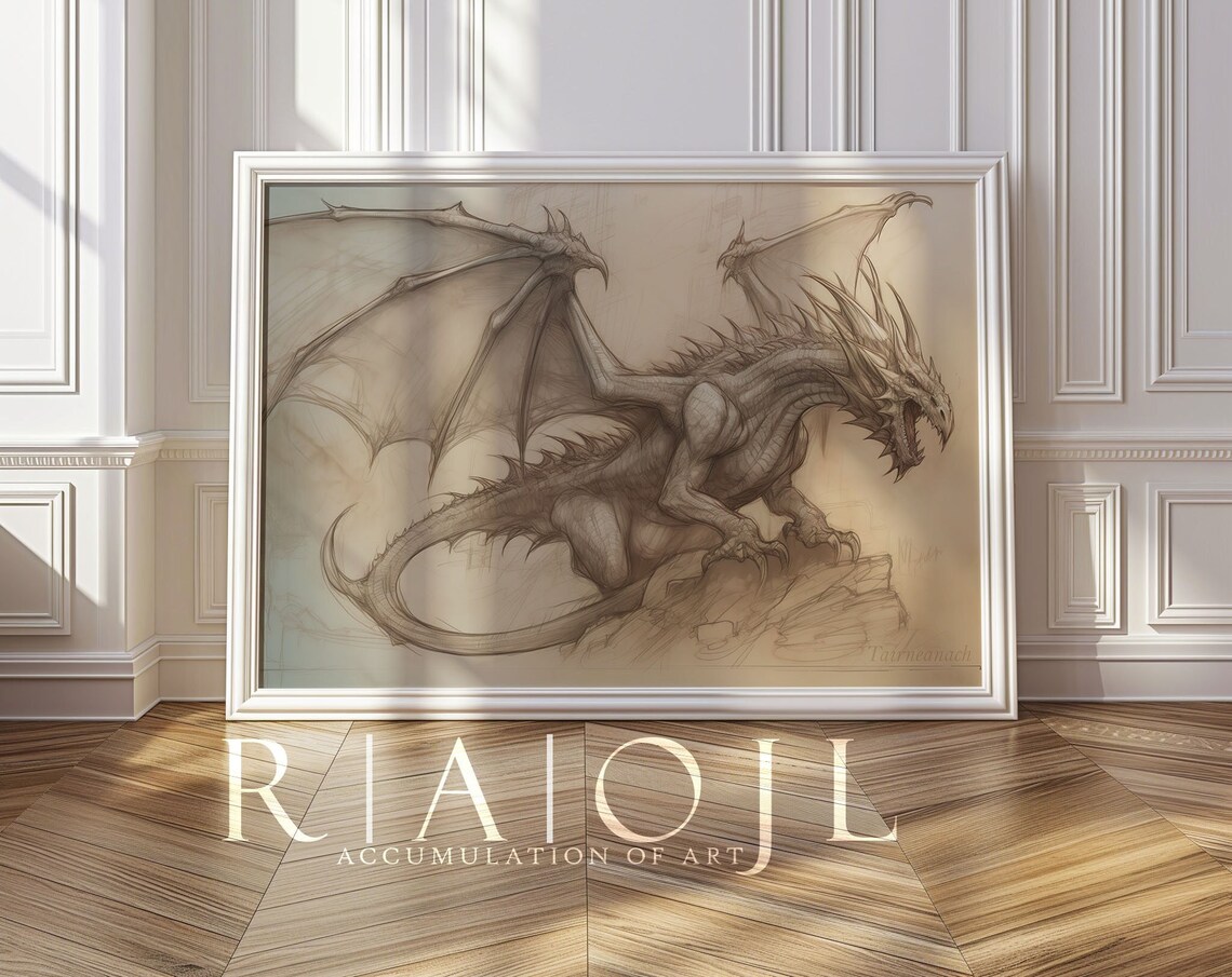Tairneanach Dragon Sepia Ink Sketch Vintage Fantasy Art Poster