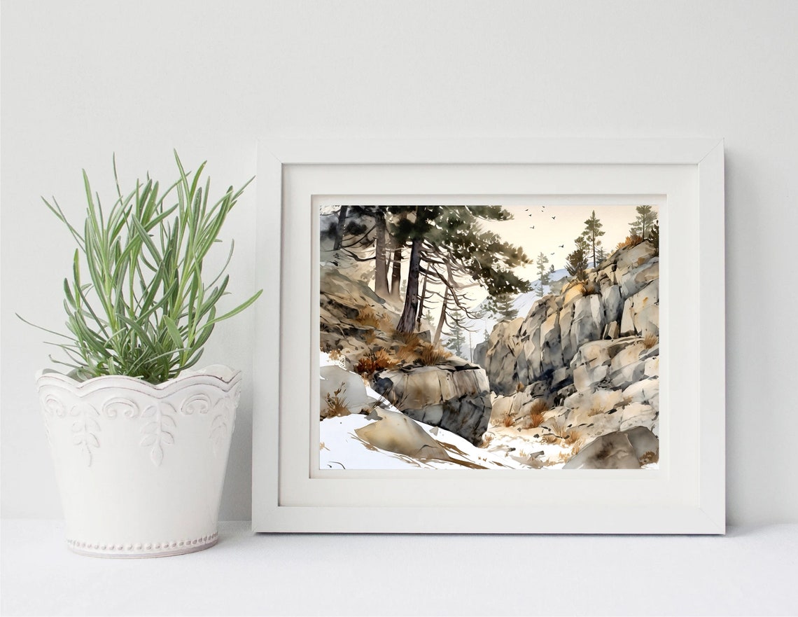 Snowy Rocky Mountainside Watercolor with Pines and Birds Print - Image 2