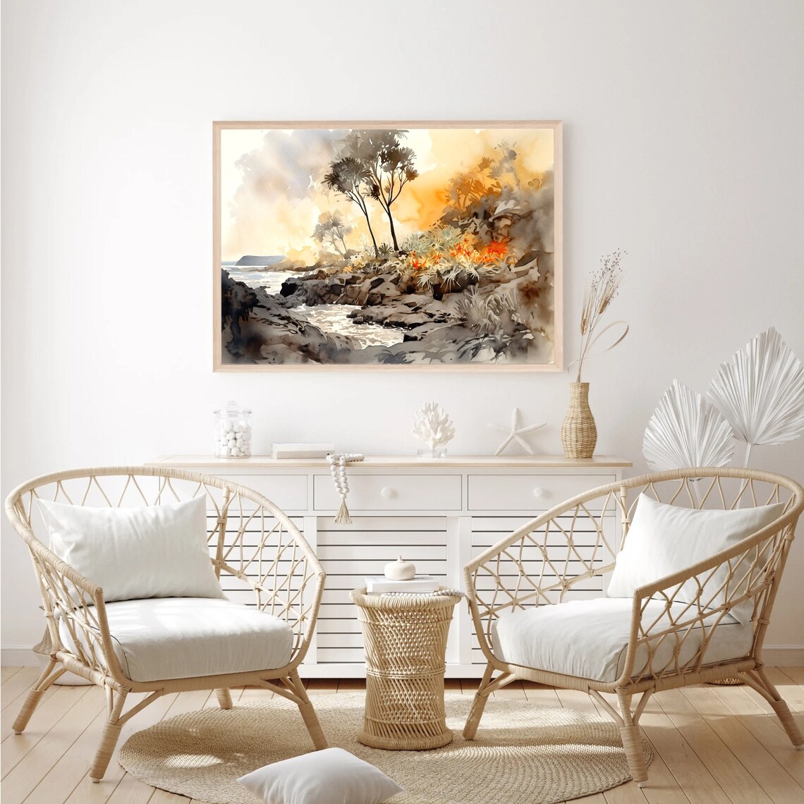Hawaii Volcanoes Rocky Coast Palm Trees Orange Flowers Poster - Image 3