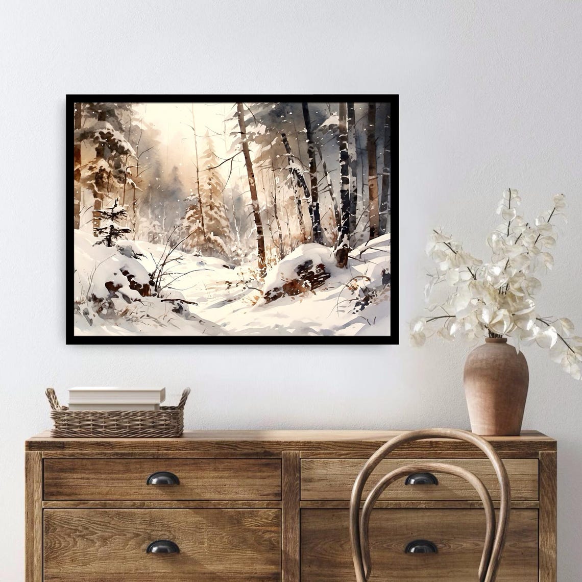Sunlit Snowy Birch Pine Forest Winter Glow Watercolor Woodland Poster - Image 2