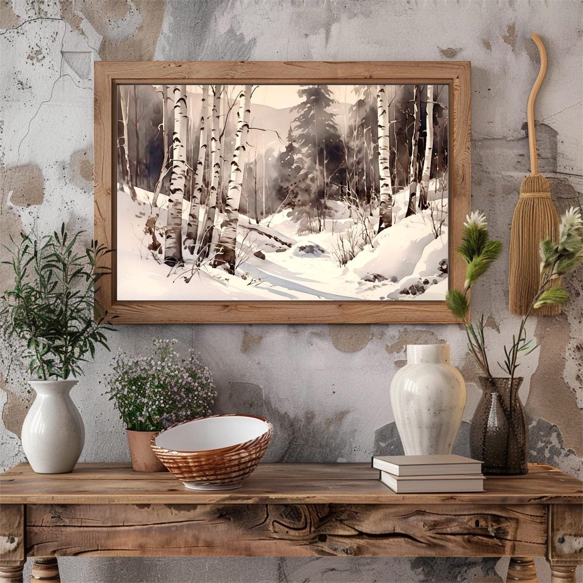Snowy Birch Forest Winter Snowfall Trees Black White Art Poster - Image 3