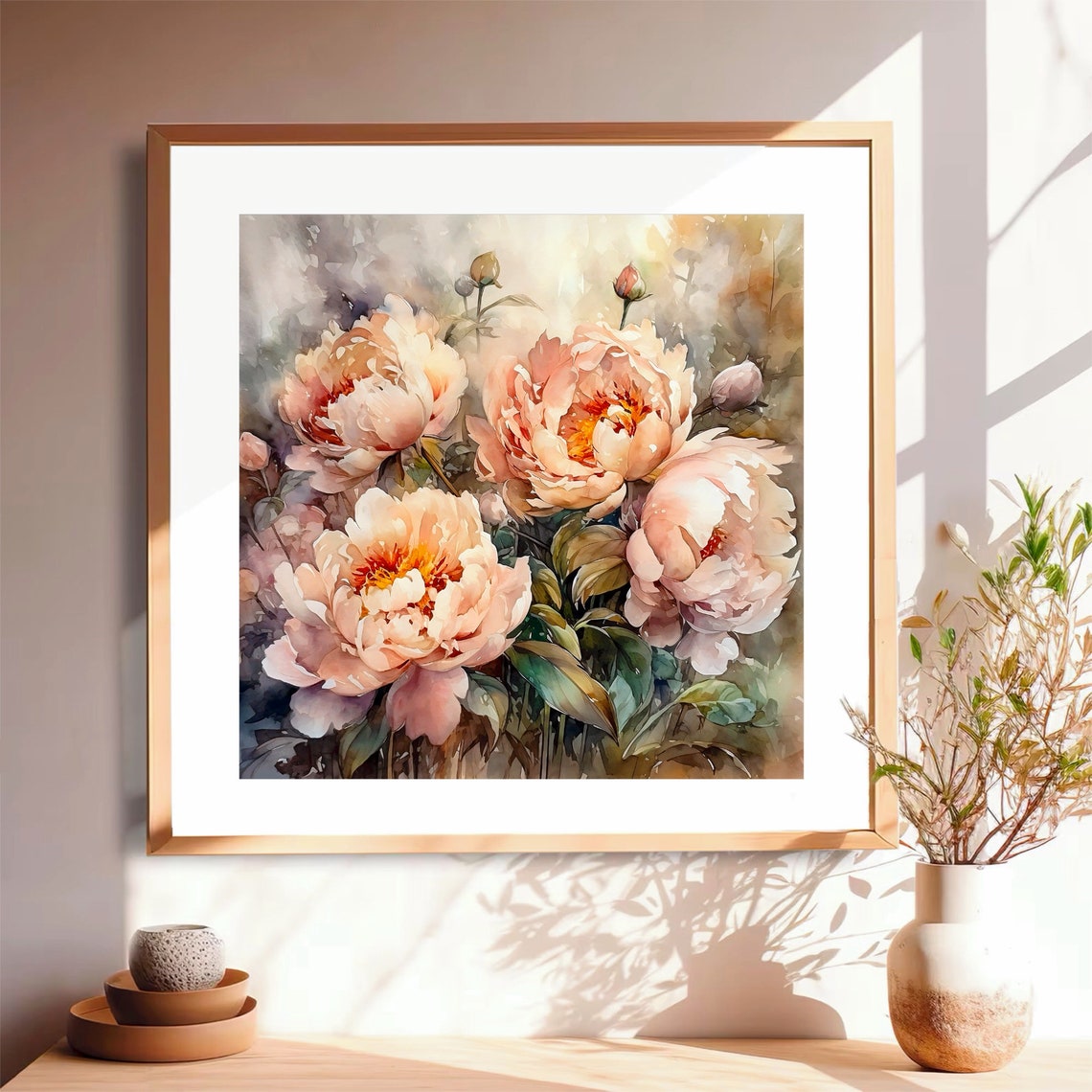 Blush Peony Blooms Watercolor Bouquet Soft Neutral Floral Poster - Image 3