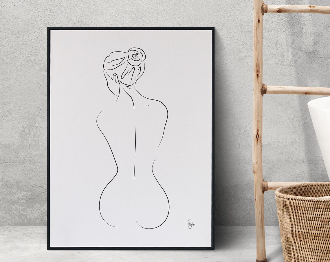 Bathroom Wall Art Naked Woman With Curves And Hair Topnot Bun Female Figure Love Your Body Poster Eclectic Feminine Line Print
