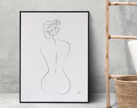 Woman Back with Hair Bun Elegant Minimalist Line Art Poster Gift