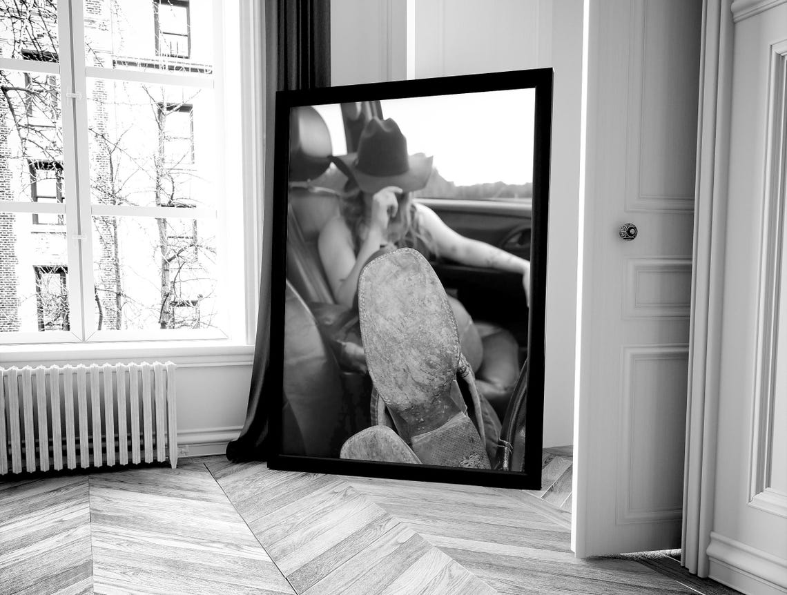 Worn Cowboy Boots In Car Black And White Western Fashion Poster - Image 4