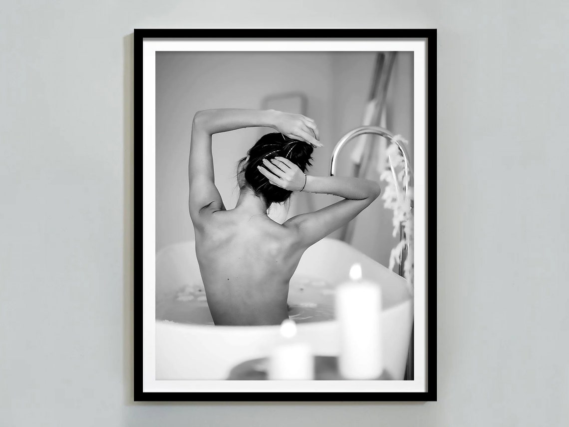 Woman in Bathtub From Behind Black and White Spa Bathroom Poster