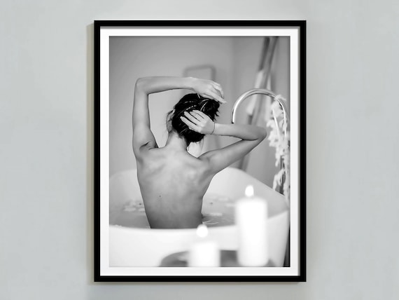 Woman in Bathtub From Behind Black and White Spa Bathroom Poster