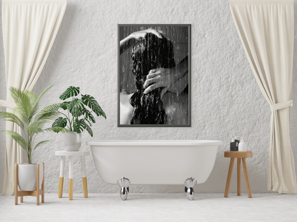 Woman Showering Wet Hair Flowing Black and White Art Photo Poster - Image 4