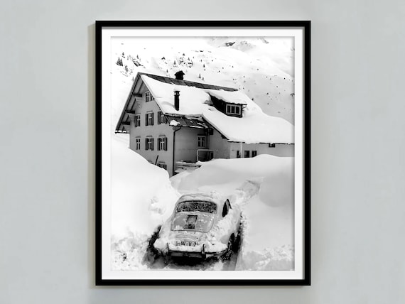 Vintage Alpine Chalet Buried In Deep Snow With Classic Car Poster