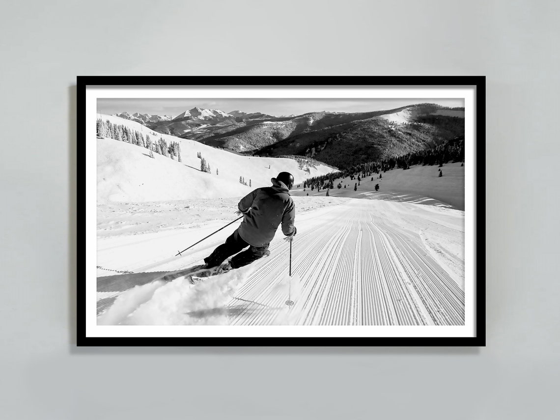 Skier Carving Groomed Slope Black White Mountain Winter Poster