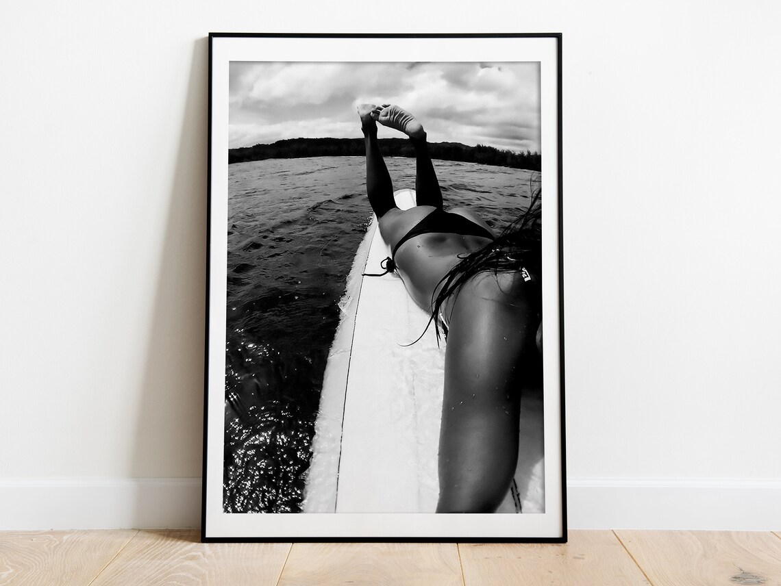 Woman Lying on Surfboard in the Ocean Black and White Surf Poster - Image 3