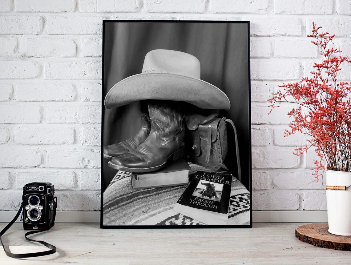 Cowboy Boots Hat and Louis Lamour Book Western Still Life Poster - Image 2