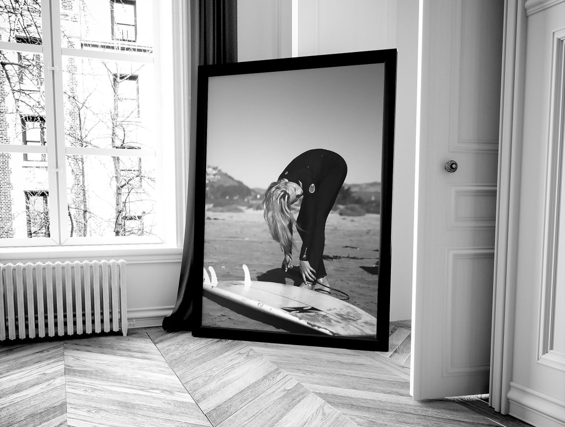 Woman Surfer Wetsuit With Surfboard Beach Black And White Poster - Image 4